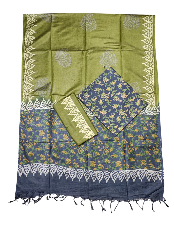 Gray & Green Ajrakh Print Cotton Silk Unstitched Suit Set