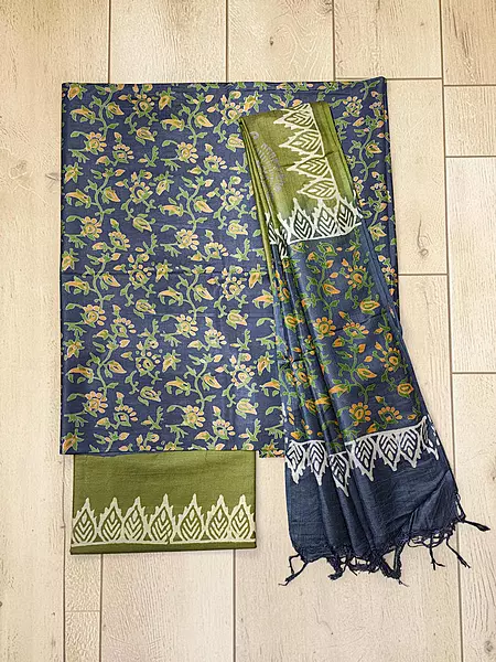 Gray & Green Ajrakh Print Cotton Silk Unstitched Suit Set