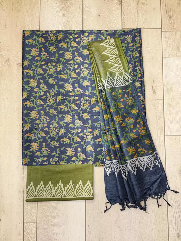 Gray & Green Ajrakh Print Cotton Silk Unstitched Suit Set
