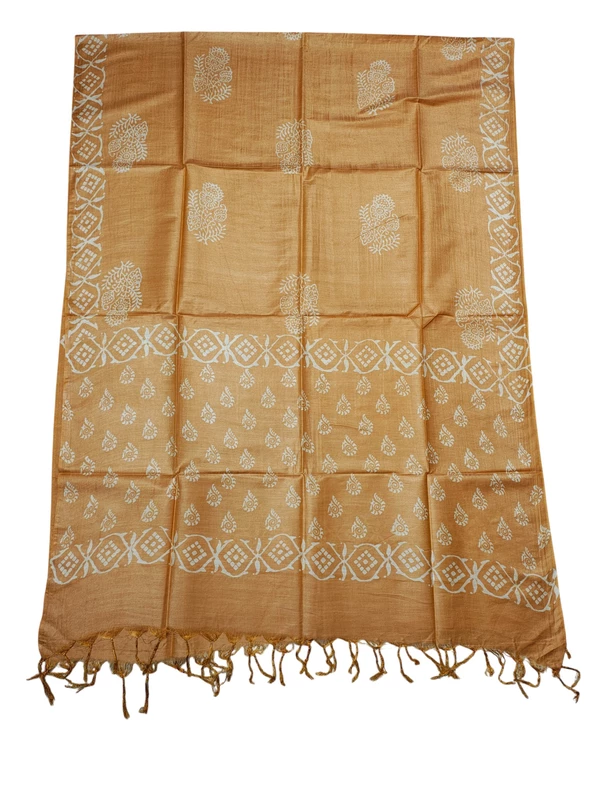 Yellow Block Print Silk Dress Material with Dupatta