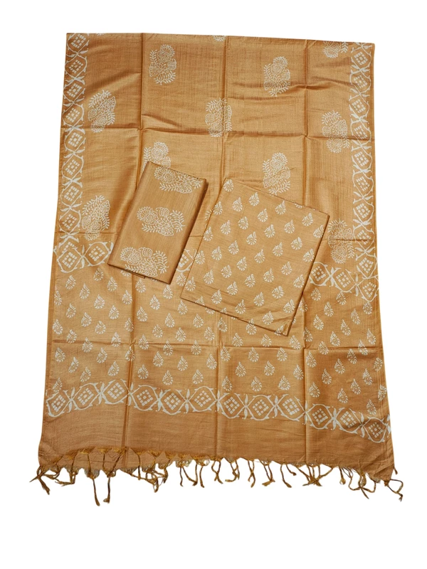 Yellow Block Print Silk Dress Material with Dupatta