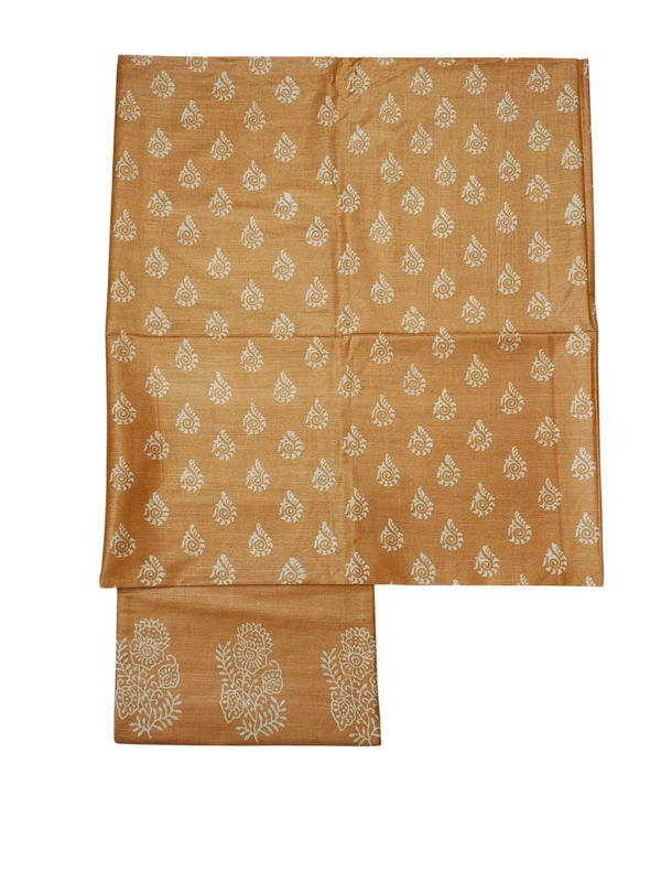 Yellow Block Print Silk Dress Material with Dupatta