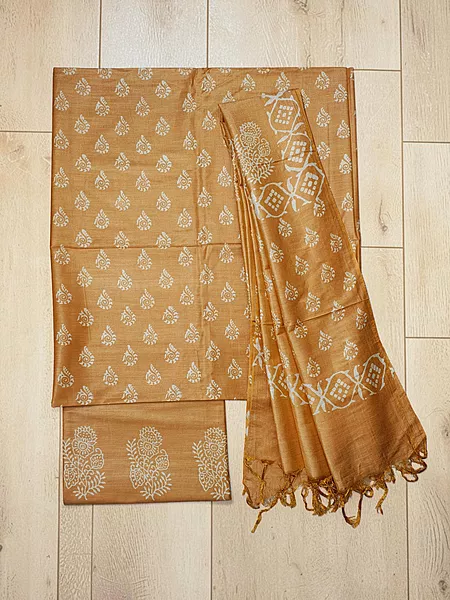 Yellow Block Print Silk Dress Material with Dupatta