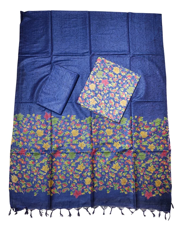 Navy Blue Unstitched Batik Print Silk Salwar Suit Dress Material with Dupatta