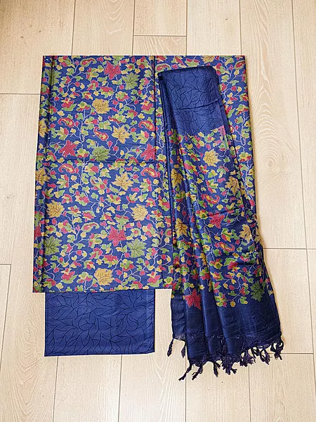 Navy Blue Unstitched Batik Print Silk Salwar Suit Dress Material with Dupatta