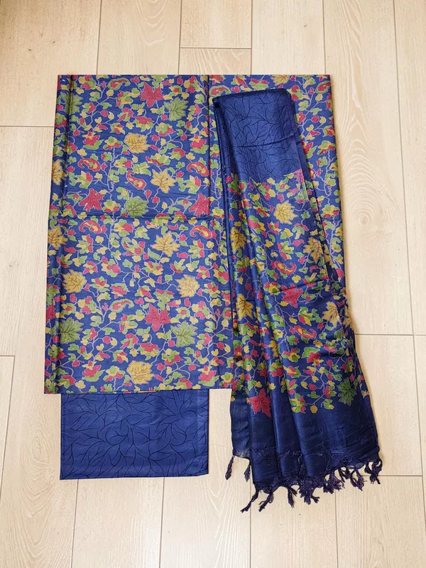 Navy Blue Unstitched Batik Print Silk Salwar Suit Dress Material with Dupatta