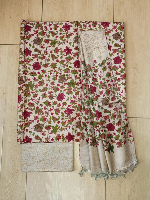 Ivory & Maroon Ajrakh Print Cotton Silk Unstitched Suit Set