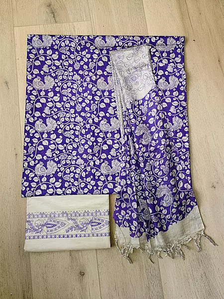 Violet Kalamkari Unstitched Salwar Suit Dress Material with Dupatta