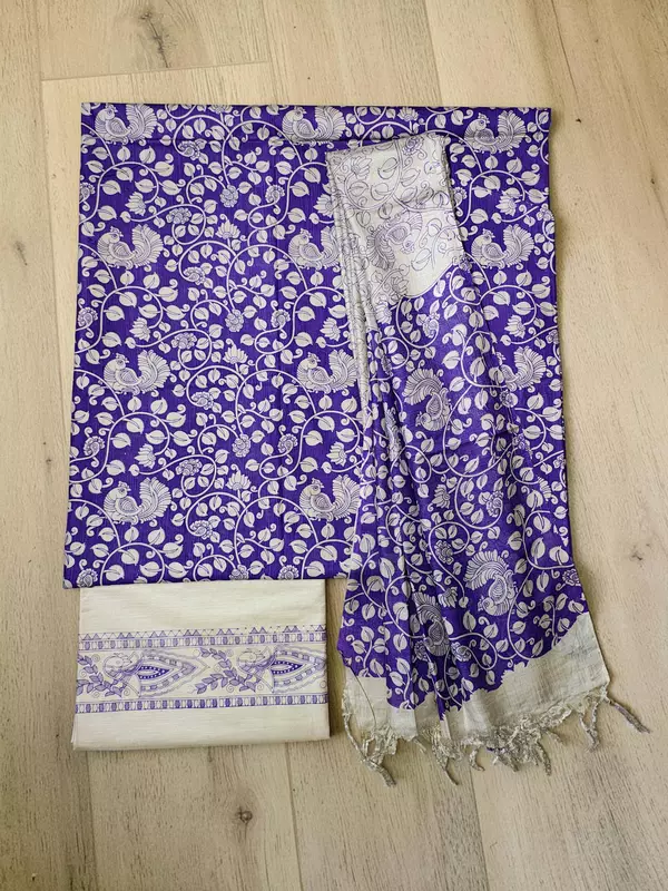 Violet Kalamkari Unstitched Salwar Suit Dress Material with Dupatta