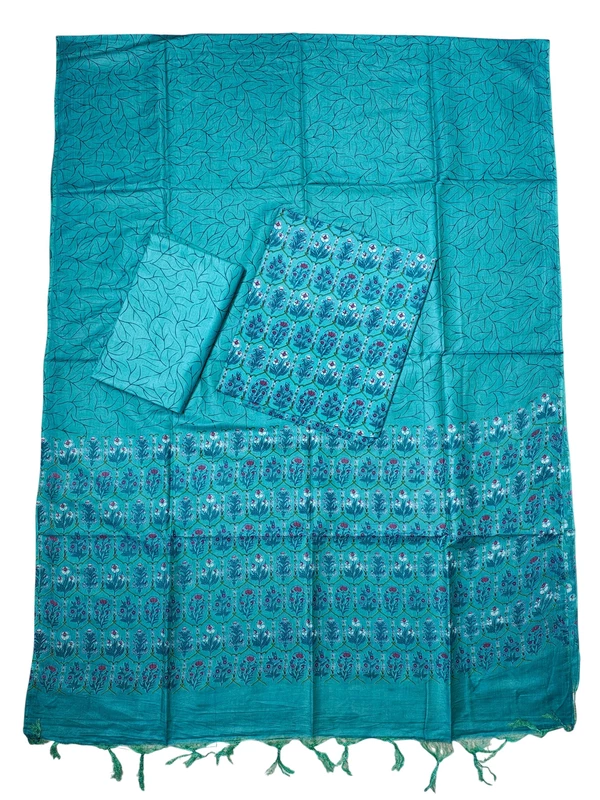 Blue Ajrakh Block Print Silk Dress Material with Dupatta