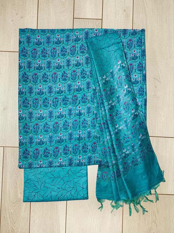 Blue Ajrakh Block Print Silk Dress Material with Dupatta