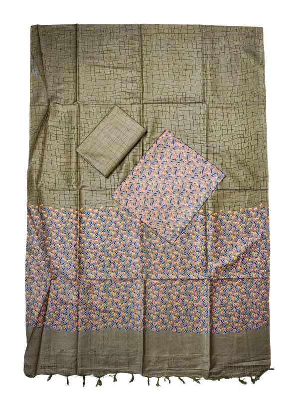 Green Ajrakh Hand Block Print Silk Unstitched Salwar Suit Set