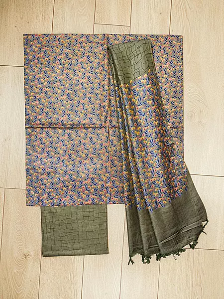 Green Ajrakh Hand Block Print Silk Unstitched Salwar Suit Set
