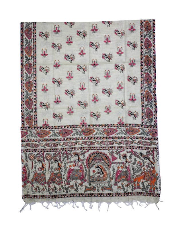 Pink & Orange Madhubani Print Unstitched Katan Silk Salwar Suit with Dupatta
