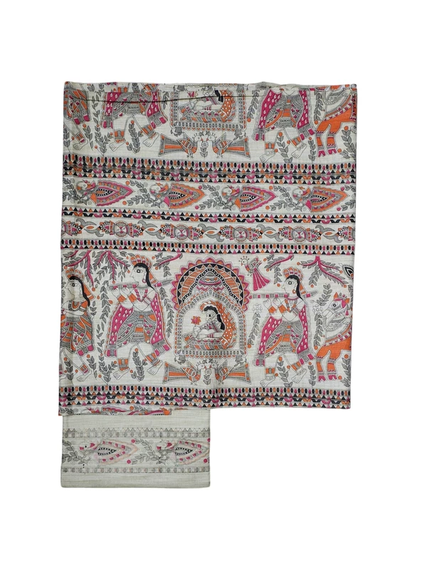 Pink & Orange Madhubani Print Unstitched Katan Silk Salwar Suit with Dupatta