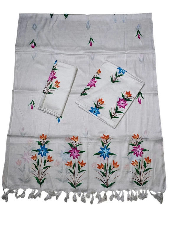 Cream Brush Paint Dupion Silk Dress Material with Dupatta