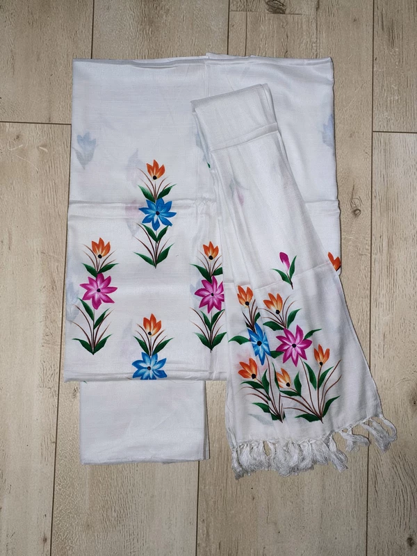 Cream Brush Paint Dupion Silk Dress Material with Dupatta