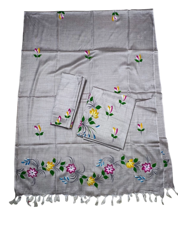 Gray Brush Paint Dupion Silk Dress Material with Dupatta