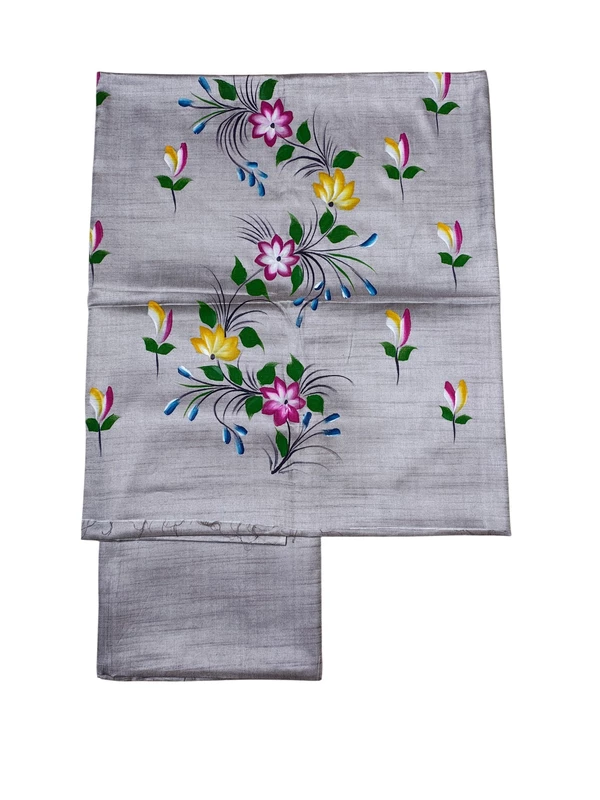 Gray Brush Paint Dupion Silk Dress Material with Dupatta