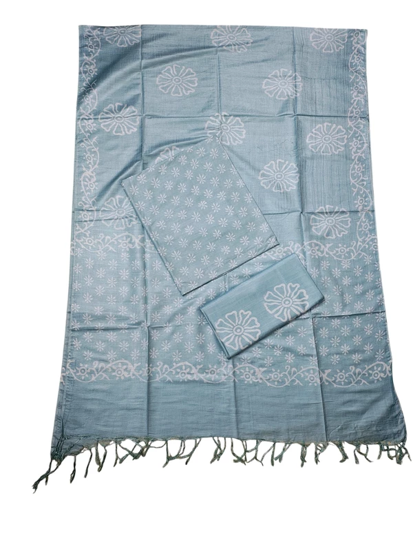 Dark Blue Unstitched Batik Print Silk Salwar Suit Dress Material with Dupatta