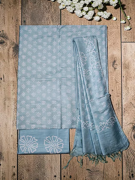 Dark Blue Unstitched Batik Print Silk Salwar Suit Dress Material with Dupatta