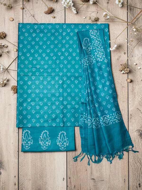 Feroza Block Print Silk Dress Material with Dupatta