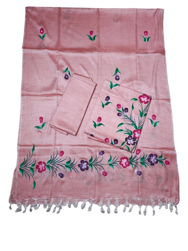 Peach Brush Paint Dupion Silk Dress Material with Dupatta
