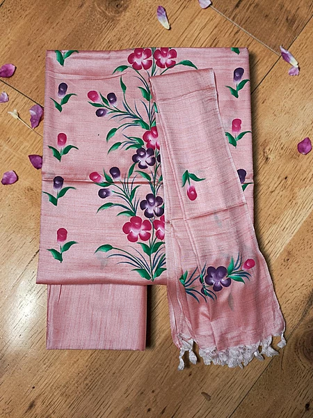 Peach Brush Paint Dupion Silk Dress Material with Dupatta