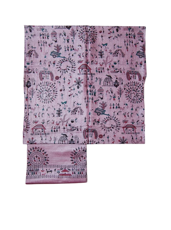 Pink Madhubani Print Dupion Silk Unstitched Salwar Suit with Dupatta