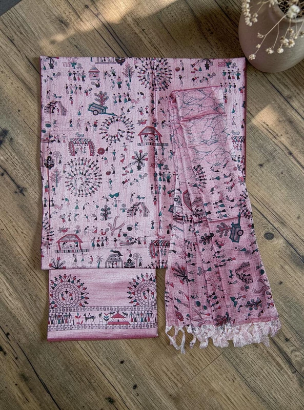 Pink Madhubani Print Dupion Silk Unstitched Salwar Suit with Dupatta