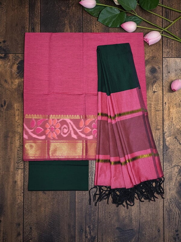 Peach Pochampally Ikkat Silk Unstitched Suit Set