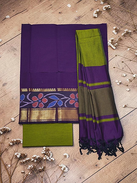 Dark Purple & Pink Pochampally Ikkat Silk Unstitched Suit Set