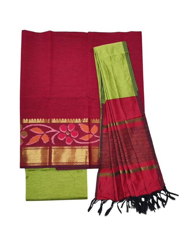 Red Pochampally Ikkat Silk Unstitched Suit Set