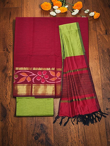 Red Pochampally Ikkat Silk Unstitched Suit Set