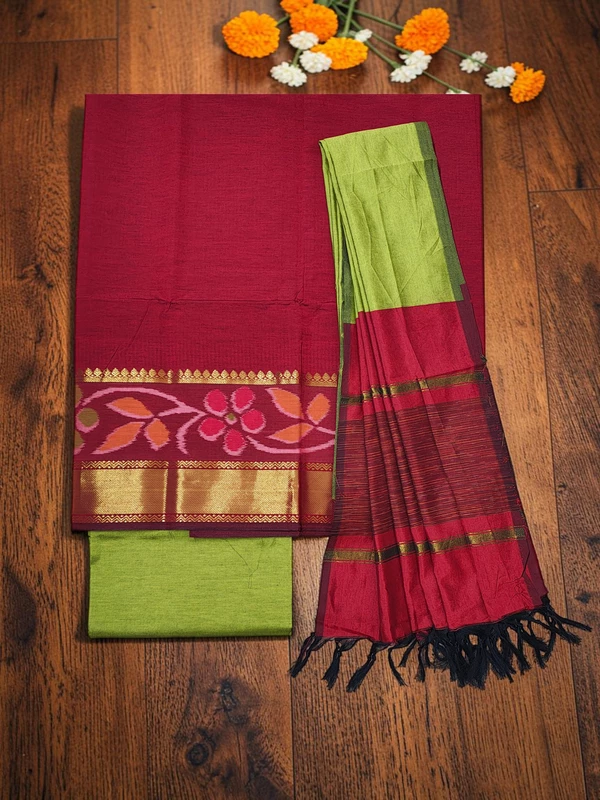 Red Pochampally Ikkat Silk Unstitched Suit Set