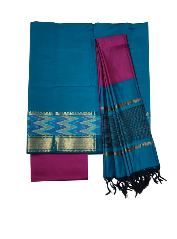 Firoza & Maroon Pochampally Ikkat Silk Unstitched Suit Set