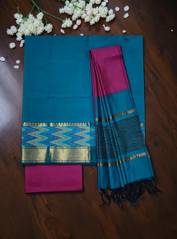 Firoza & Maroon Pochampally Ikkat Silk Unstitched Suit Set