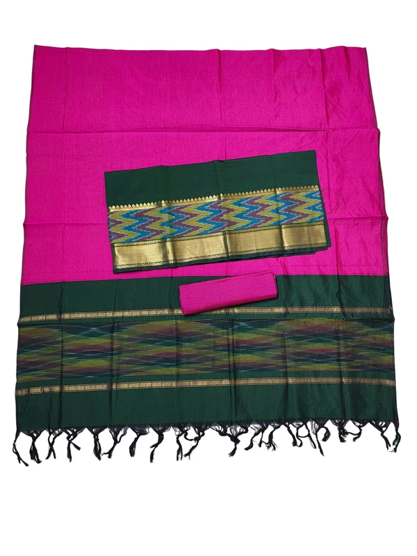 Beige & Green Pochampally Ikkat Silk Unstitched Suit Set