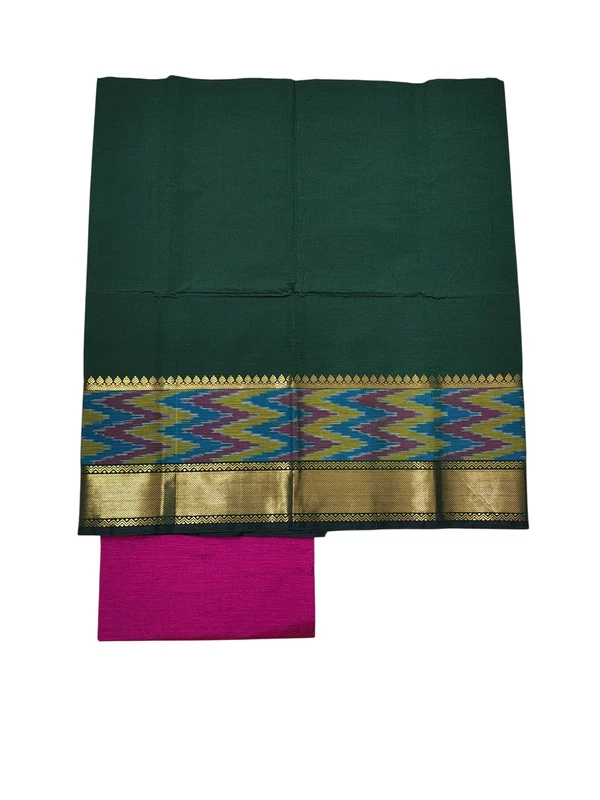 Beige & Green Pochampally Ikkat Silk Unstitched Suit Set