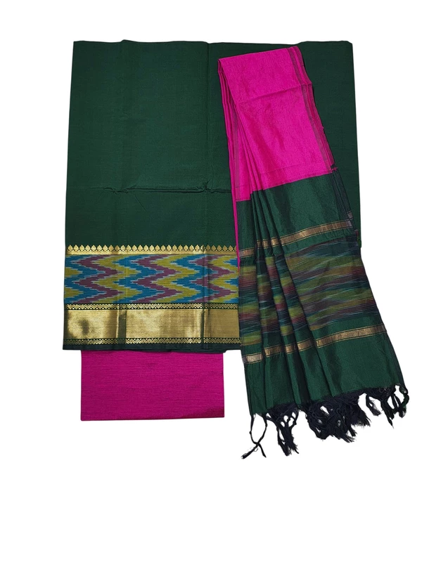 Beige & Green Pochampally Ikkat Silk Unstitched Suit Set