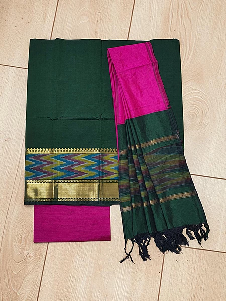 Beige & Green Pochampally Ikkat Silk Unstitched Suit Set