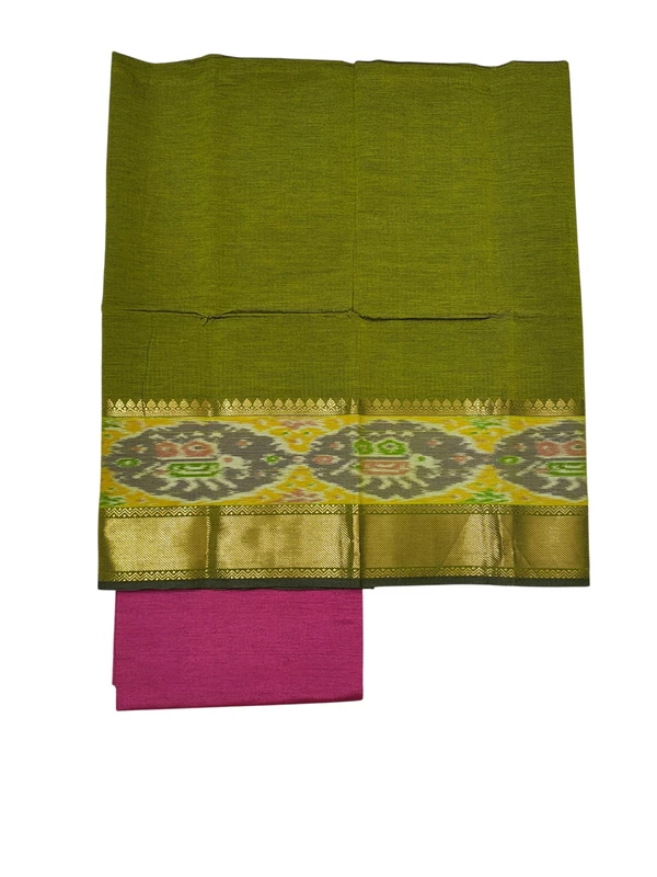 Green & Pink Pochampally Ikkat Silk Dress Material with Dupatta