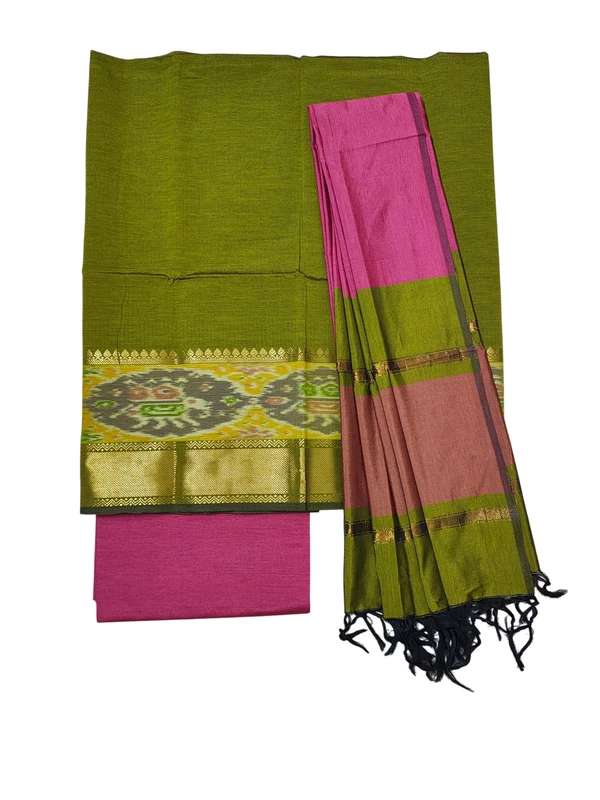 Green & Pink Pochampally Ikkat Silk Dress Material with Dupatta