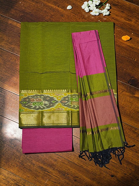 Green & Pink Pochampally Ikkat Silk Dress Material with Dupatta