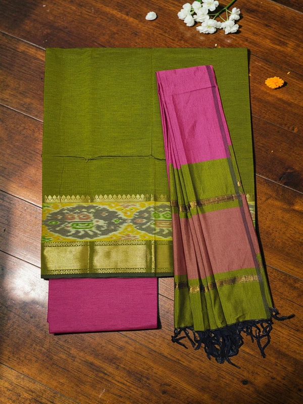 Green & Pink Pochampally Ikkat Silk Dress Material with Dupatta