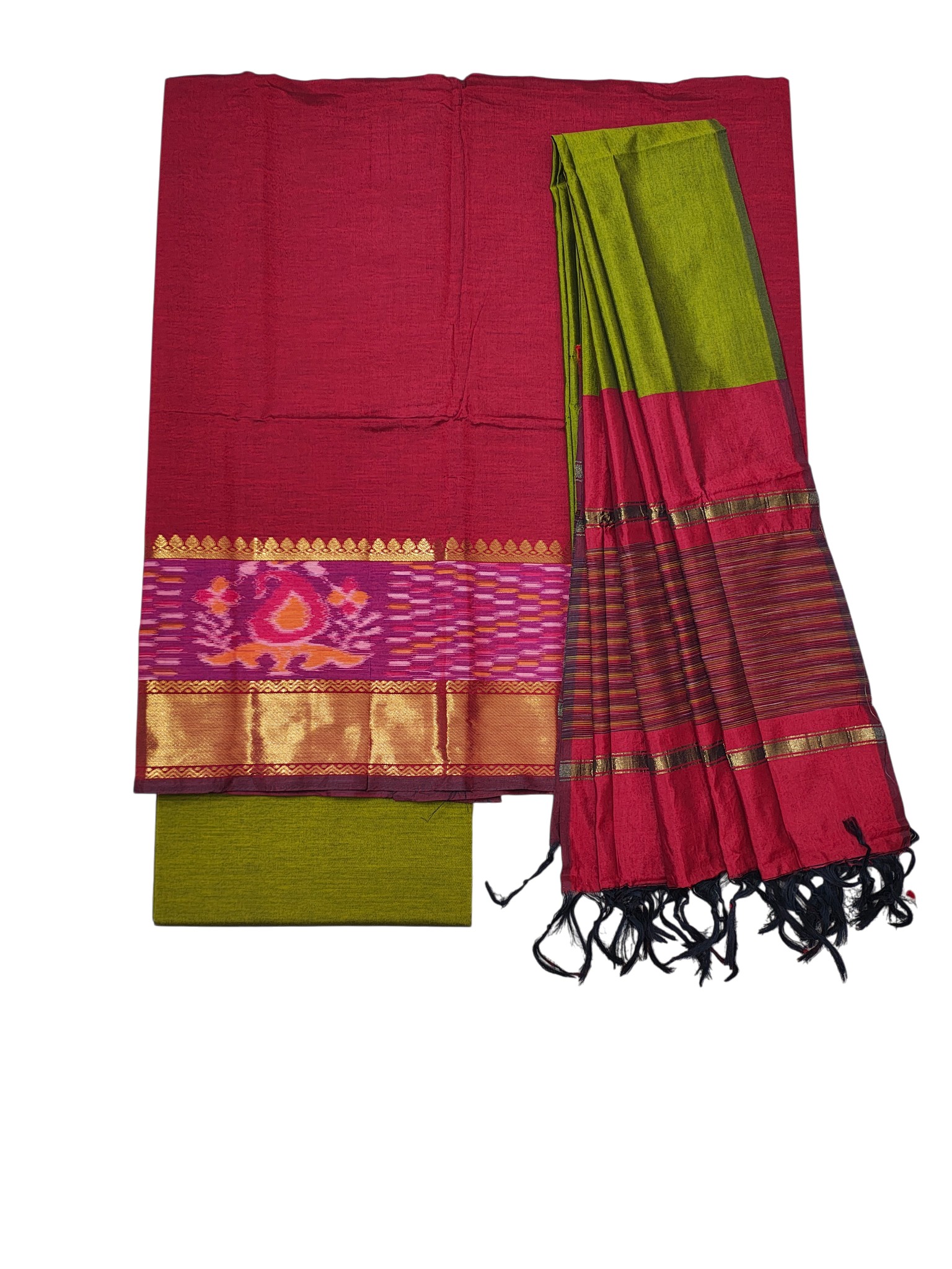 Maroon & Green Pochampally Ikkat Silk Dress Material with Dupatta