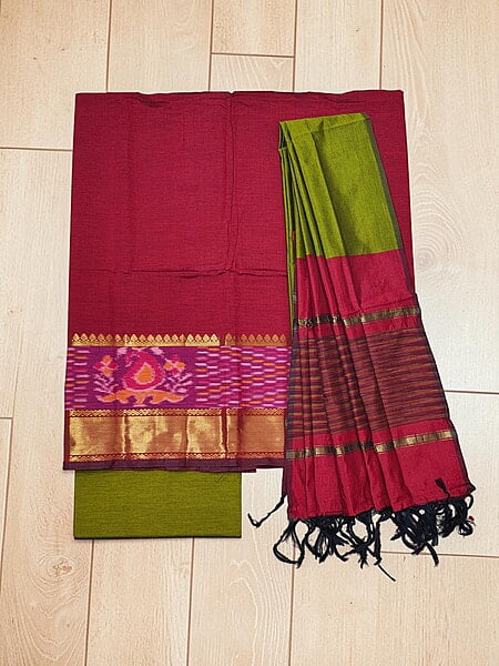 Maroon & Green Pochampally Ikkat Silk Dress Material with Dupatta