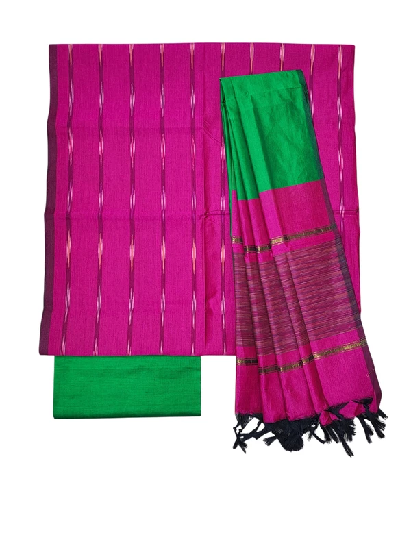 Magenta Pink Pochampally Ikkat Silk Dress Material with Dupatta