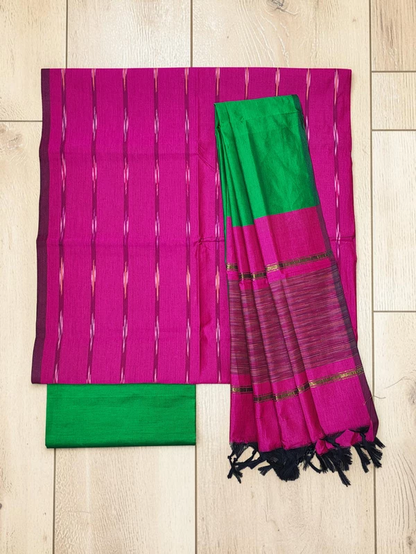 Magenta Pink Pochampally Ikkat Silk Dress Material with Dupatta
