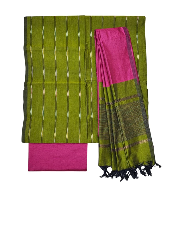 Green & Mustard Pochampally Ikkat Silk Dress Material with Dupatta